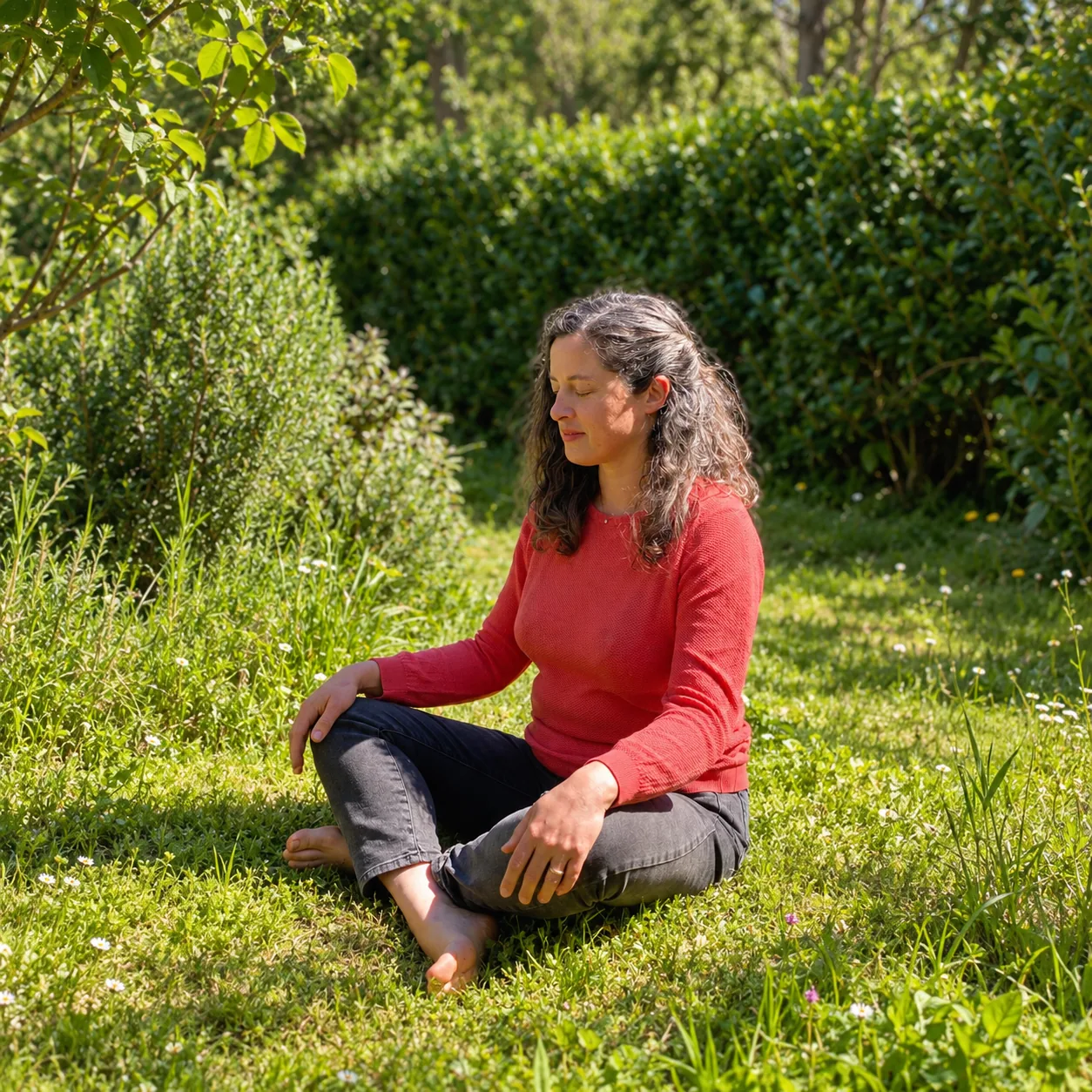 Agnès assise dans un jardin