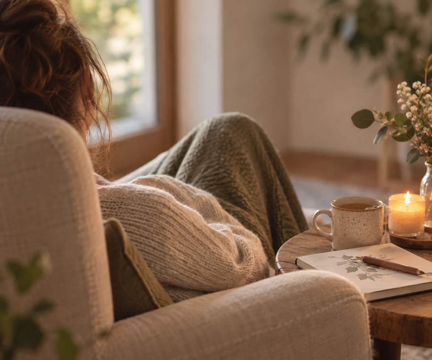 Personne installée confortablement chez elle dans une atmosphère calme